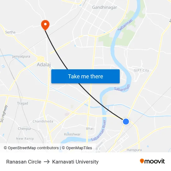 Ranasan Circle to Karnavati University map