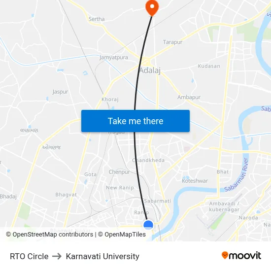 RTO Circle to Karnavati University map