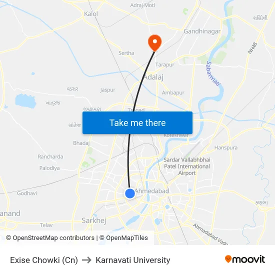 Exise Chowki (Cn) to Karnavati University map
