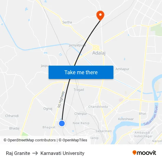 Raj Granite to Karnavati University map