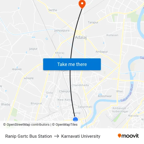 Ranip Gsrtc Bus Station to Karnavati University map