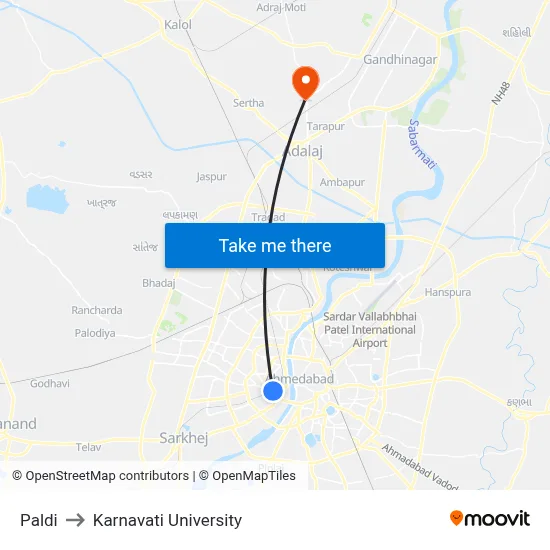 Paldi to Karnavati University map