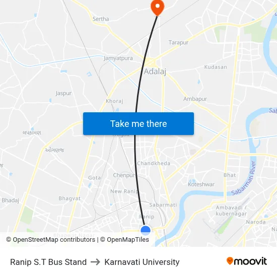 Ranip S.T Bus Stand to Karnavati University map
