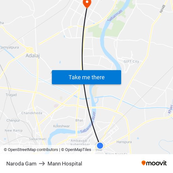 Naroda Gam to Mann Hospital map