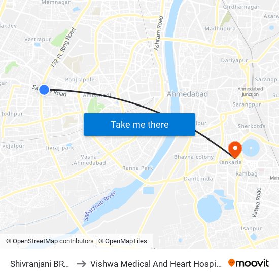 Shivranjani BRTS to Vishwa Medical And Heart Hospital map