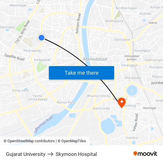 Gujarat University to Skymoon Hospital map