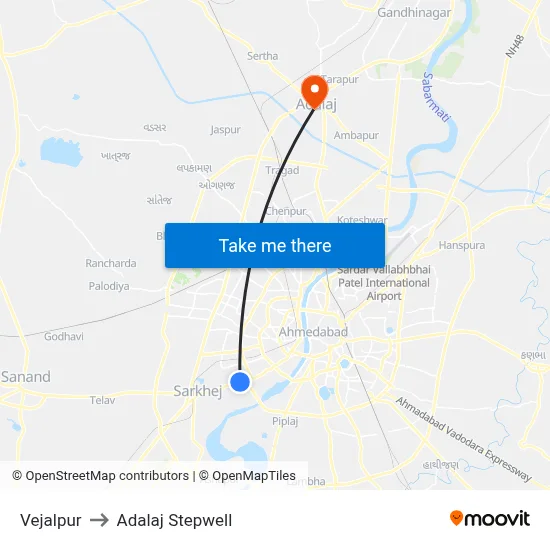 Vejalpur to Adalaj Stepwell map