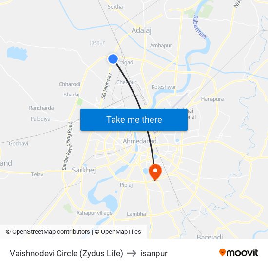Vaishnodevi Circle (Zydus Life) to isanpur map