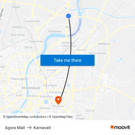 Agora Mall to Karnavati map