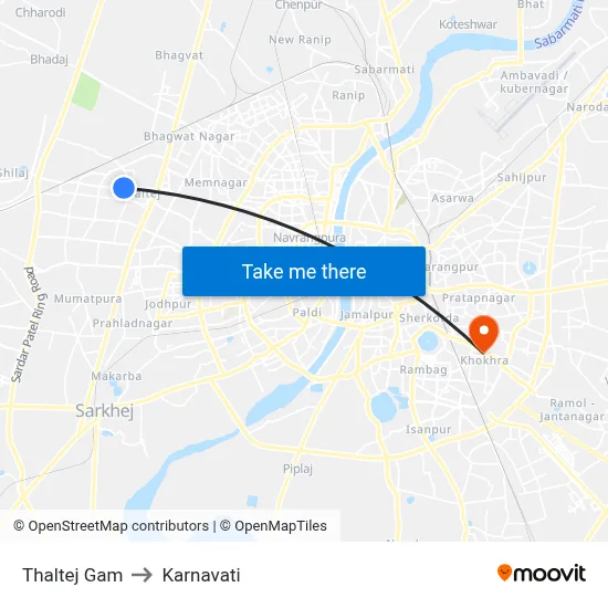 Thaltej Gam to Karnavati map