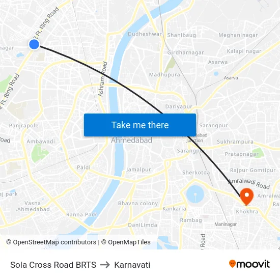 Sola Cross Road BRTS to Karnavati map
