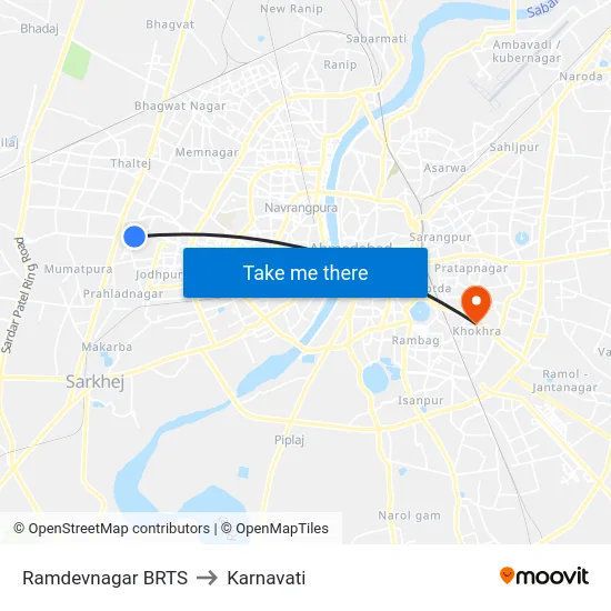 Ramdevnagar BRTS to Karnavati map