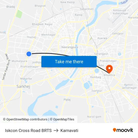 Iskcon Cross Road BRTS to Karnavati map