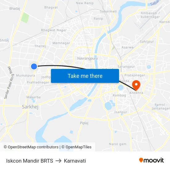 Iskcon Mandir BRTS to Karnavati map