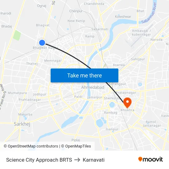 Science City Approach BRTS to Karnavati map