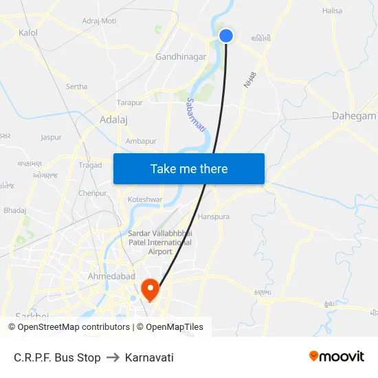 C.R.P.F. Bus Stop to Karnavati map