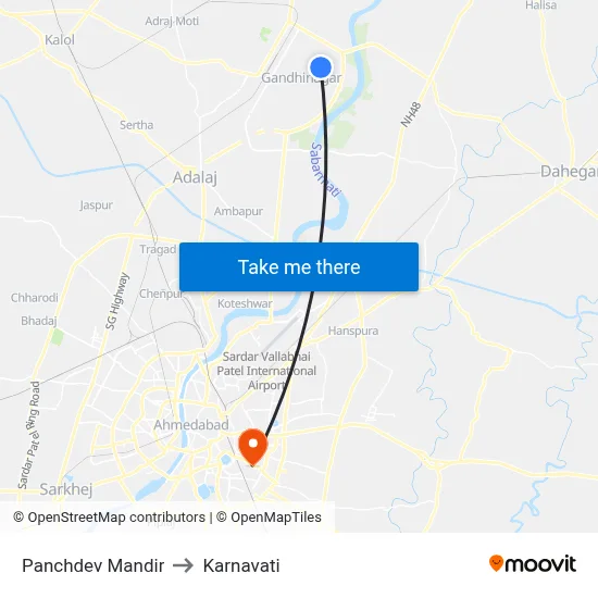 Panchdev Mandir to Karnavati map