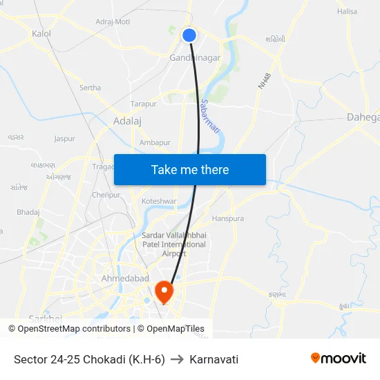 Sector 24-25 Chokadi (K.H-6) to Karnavati map