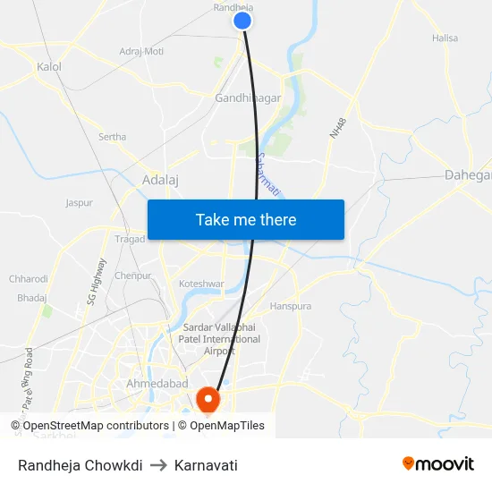 Randheja Chowkdi to Karnavati map
