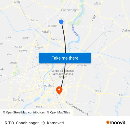 R.T.O. Gandhinagar to Karnavati map