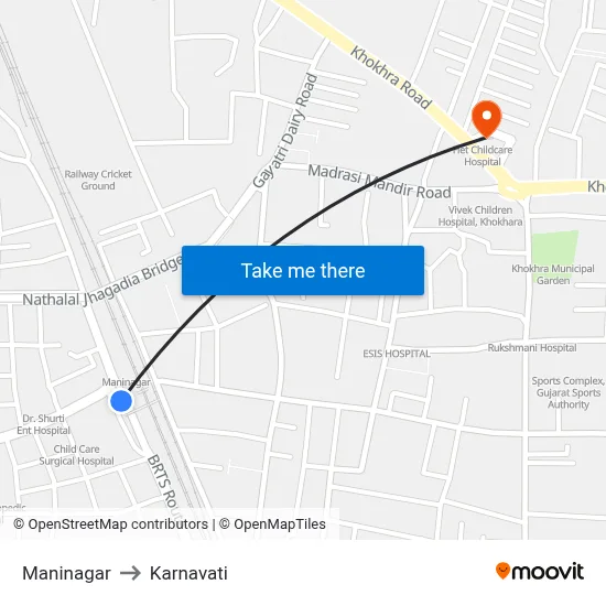 Maninagar to Karnavati map