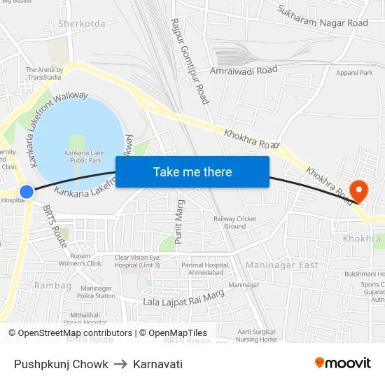 Pushpkunj Chowk to Karnavati map