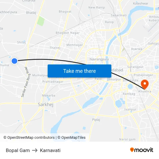 Bopal Gam to Karnavati map
