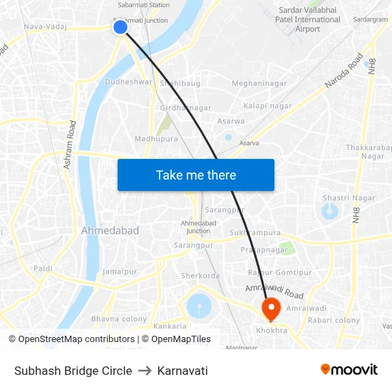 Subhash Bridge Circle to Karnavati map