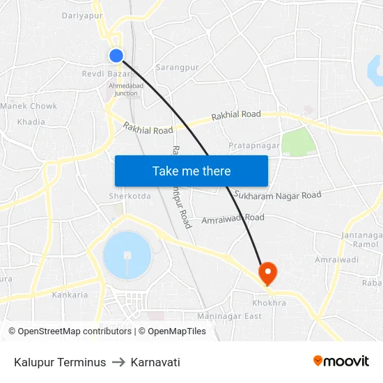 Kalupur Terminus to Karnavati map
