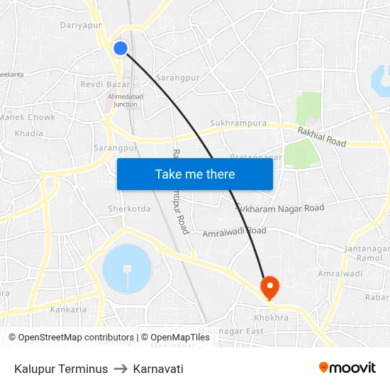 Kalupur Terminus to Karnavati map
