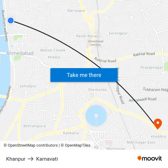 Khanpur to Karnavati map
