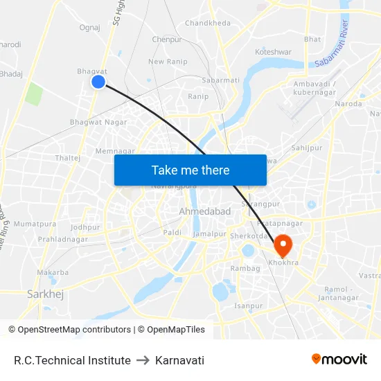 R.C.Technical Institute to Karnavati map