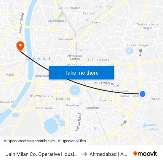 Jain Milan Co. Operative Housing Society to Ahmedabad | Amdavad map