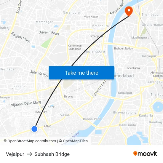 वेजलपुर to सुभाष पुल map