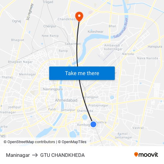 Maninagar to GTU CHANDKHEDA map