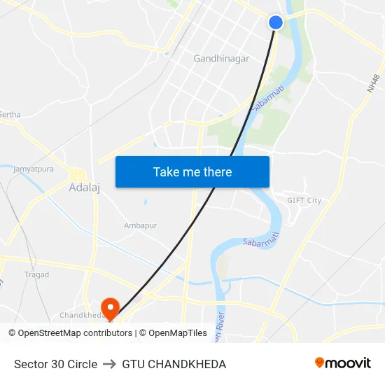Sector 30 Circle to GTU CHANDKHEDA map