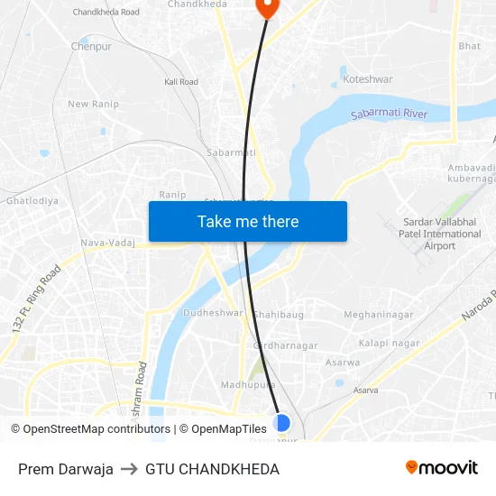 Prem Darwaja to GTU CHANDKHEDA map