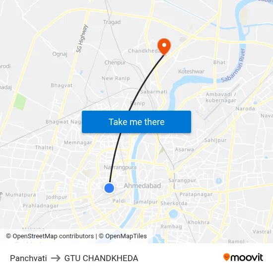 Panchvati to GTU CHANDKHEDA map