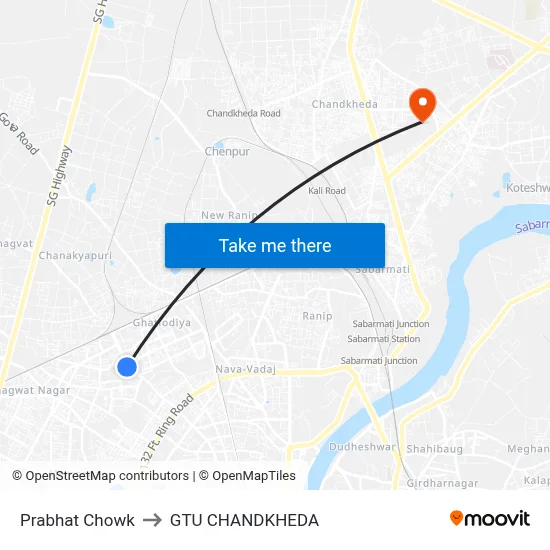 Prabhat Chowk to GTU CHANDKHEDA map