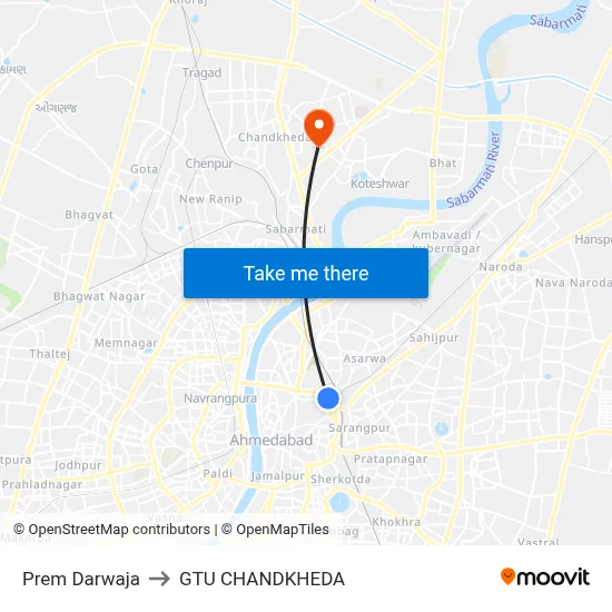 Prem Darwaja to GTU CHANDKHEDA map