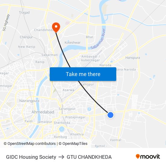 GIDC Housing Society to GTU CHANDKHEDA map