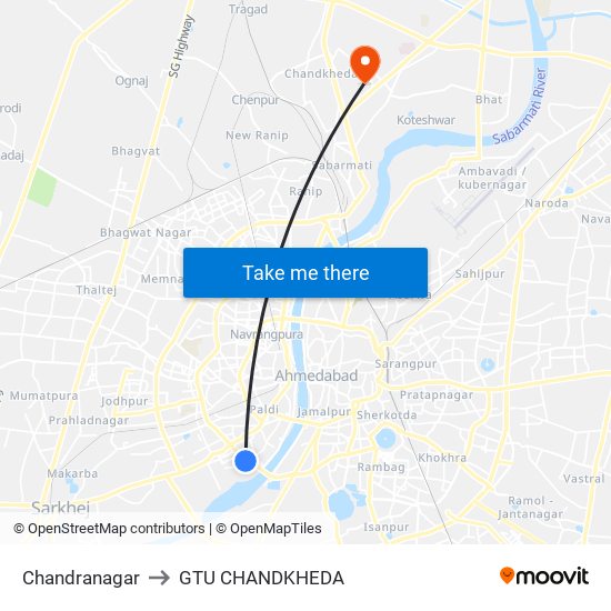 Chandranagar to GTU CHANDKHEDA map