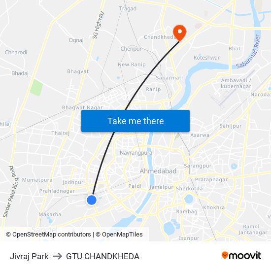 Jivraj Park to GTU CHANDKHEDA map