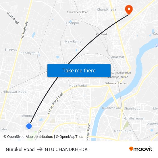Gurukul Road to GTU CHANDKHEDA map