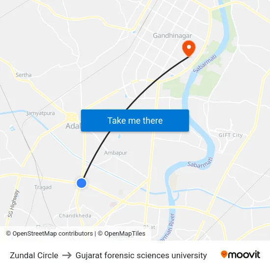 Zundal Circle to Gujarat forensic sciences university map