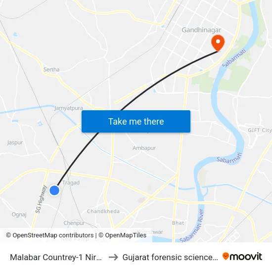 Malabar Countrey-1 Nirma Institute to Gujarat forensic sciences university map