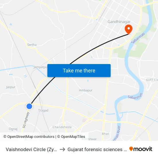 Vaishnodevi Circle (Zydus Life) to Gujarat forensic sciences university map