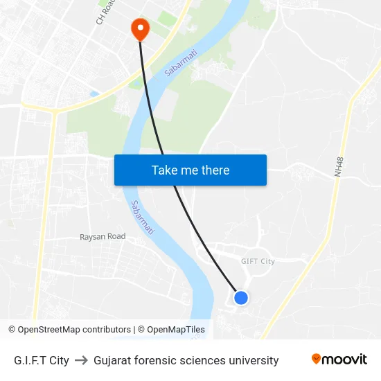 G.I.F.T City to Gujarat forensic sciences university map