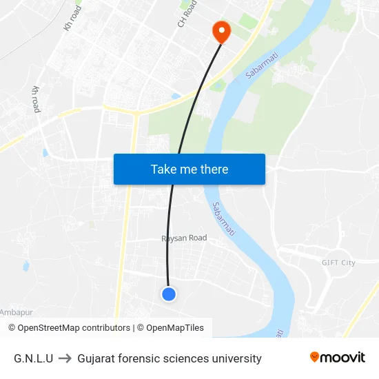 G.N.L.U to Gujarat forensic sciences university map