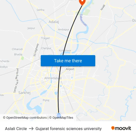 Aslali Circle to Gujarat forensic sciences university map